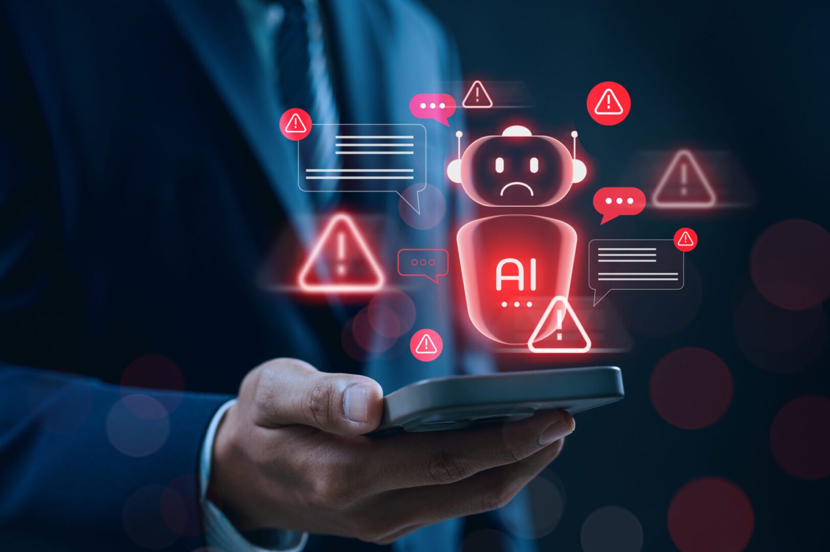 Person holding phone with AI warning icons around a chatbot.