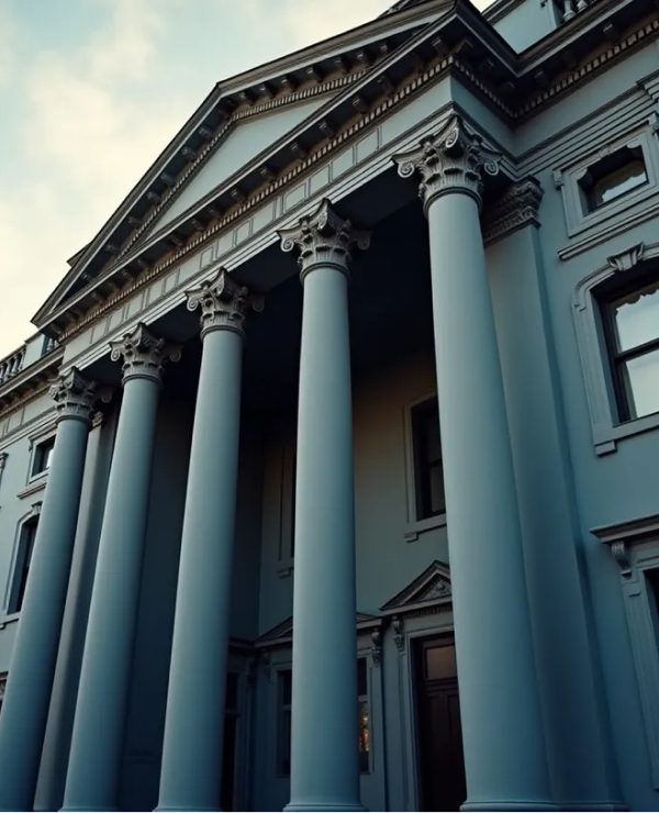 Classical building facade with tall columns under a cloudy sky.