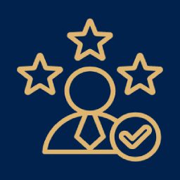 Icon of a professional with three stars and a checkmark.