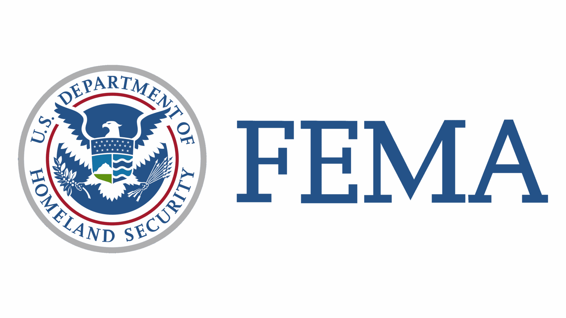 FEMA logo with Department of Homeland Security emblem on a blue background.