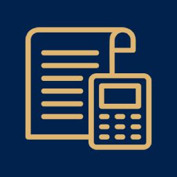 Icon of a document with a calculator symbol in gold on blue.
