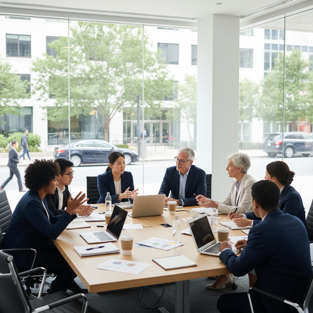Business meeting with diverse professionals collaborating around a table.