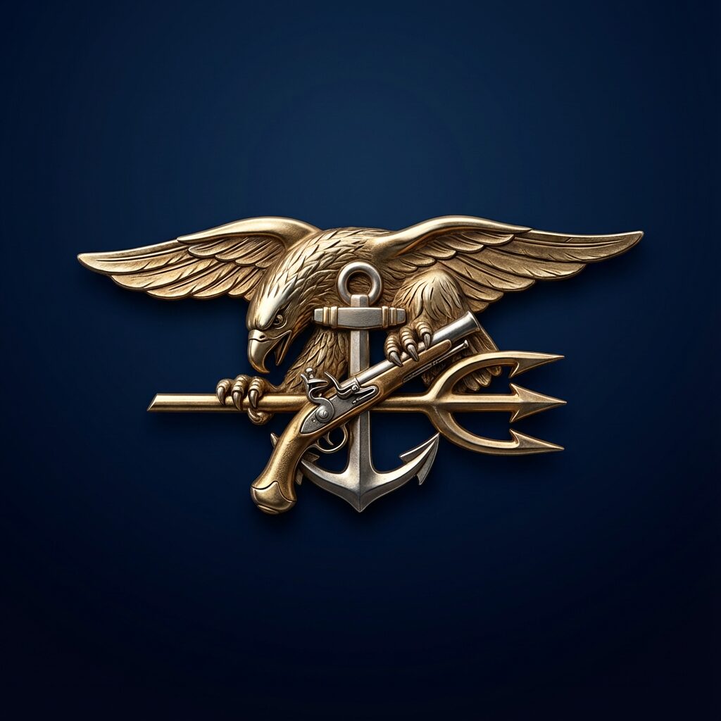 Gold military emblem featuring an anchor, wings, and trident on a dark background.