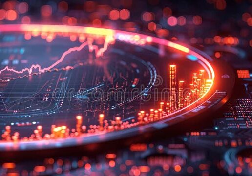A glowing digital stock market chart with rising graphs and data points.