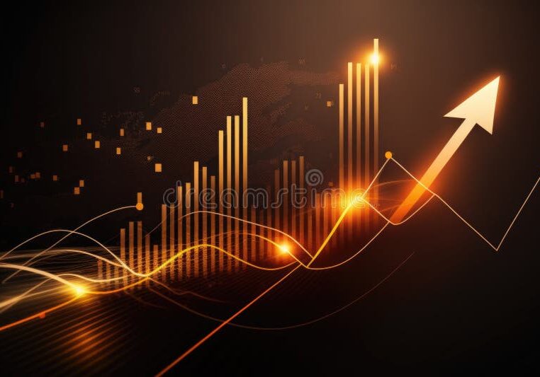 Abstract glowing orange financial graph with bars and waves on dark background.