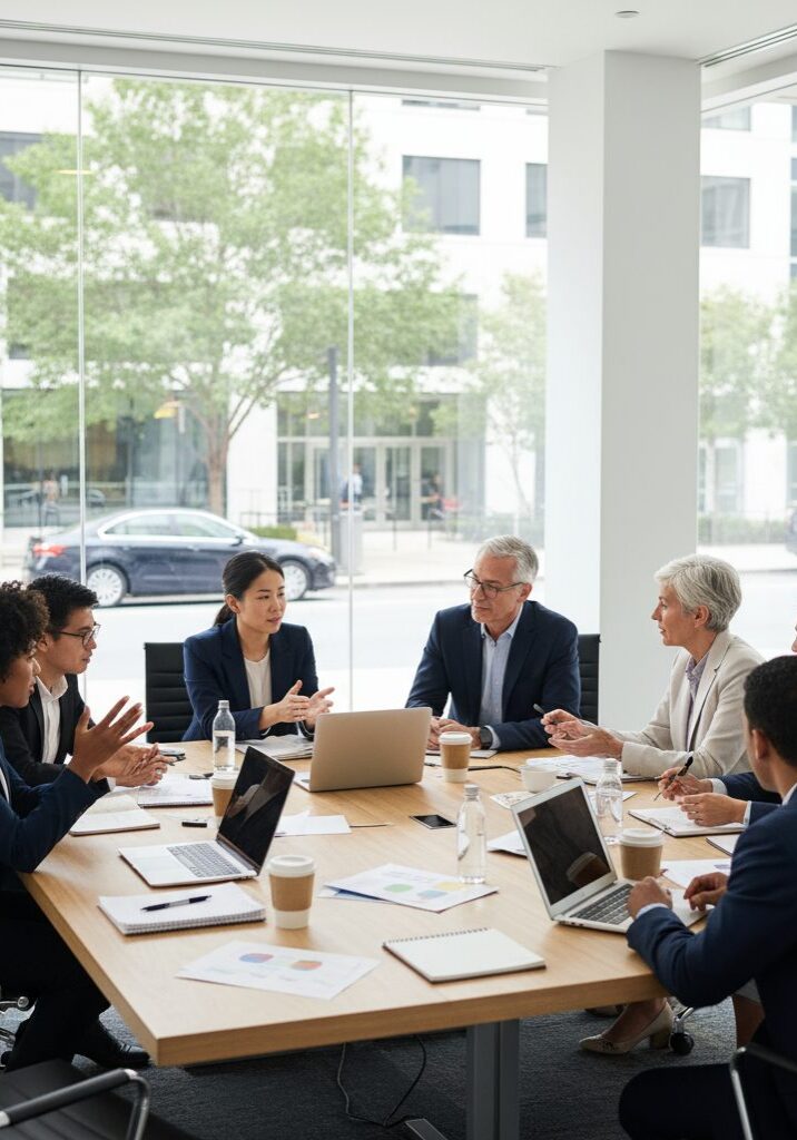 Business meeting with diverse professionals collaborating around a table.